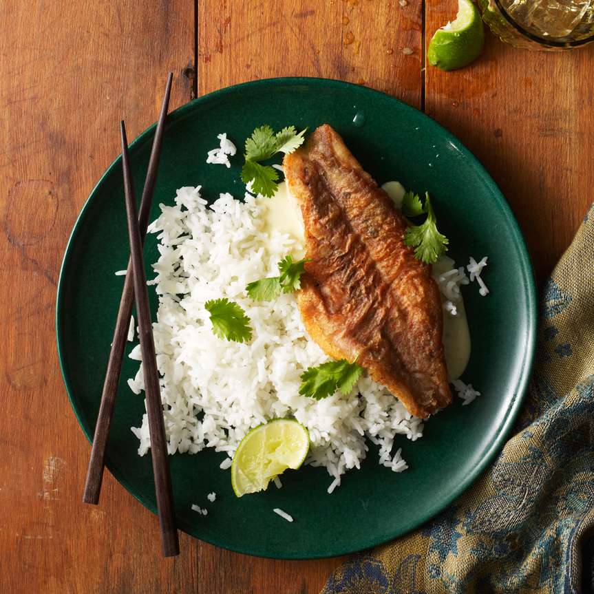 Orange Roughy on Rice with Thai-Spiced Coconut Sauce 