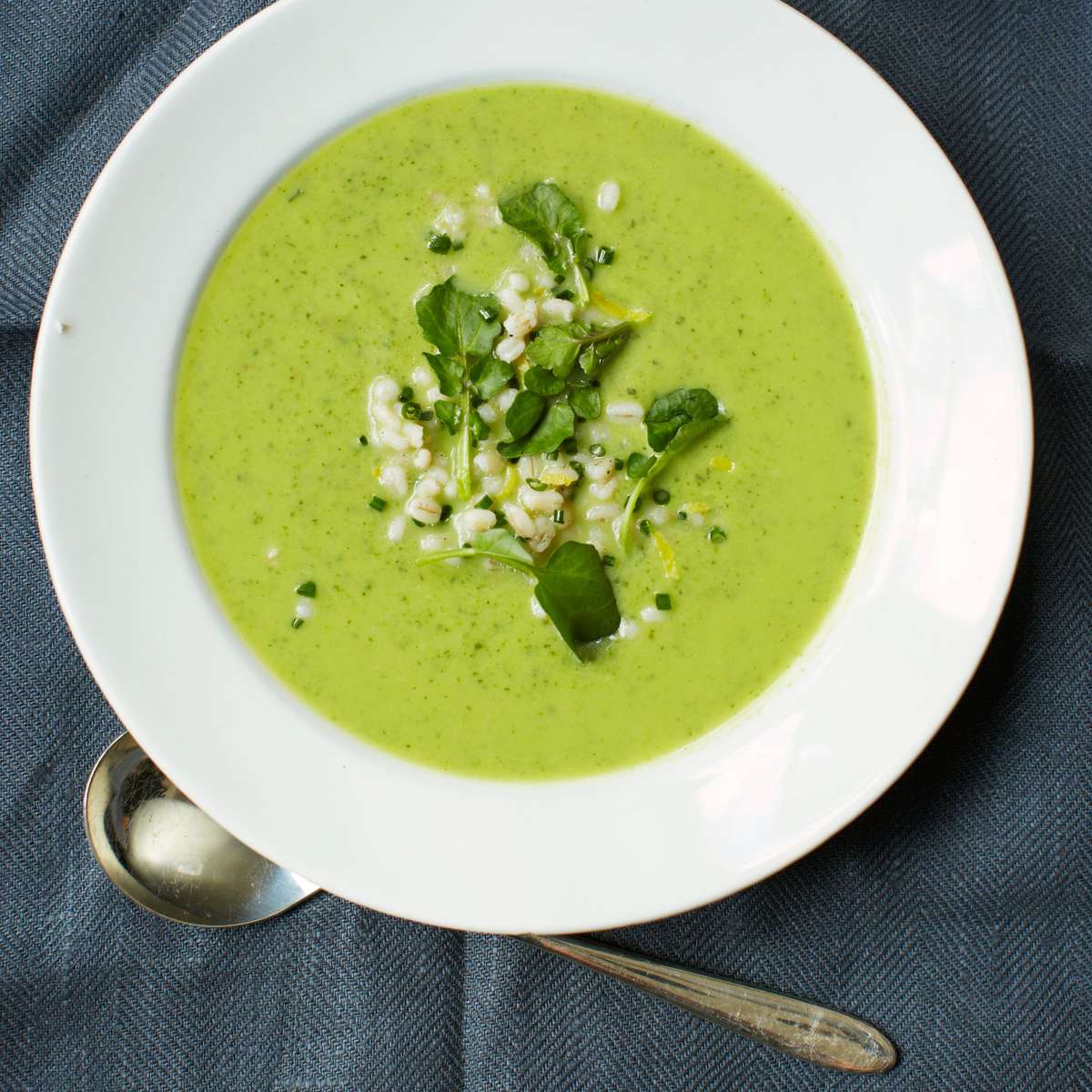 Zucchini and Spinach Soup with Barley, Coriander and Watercress 
