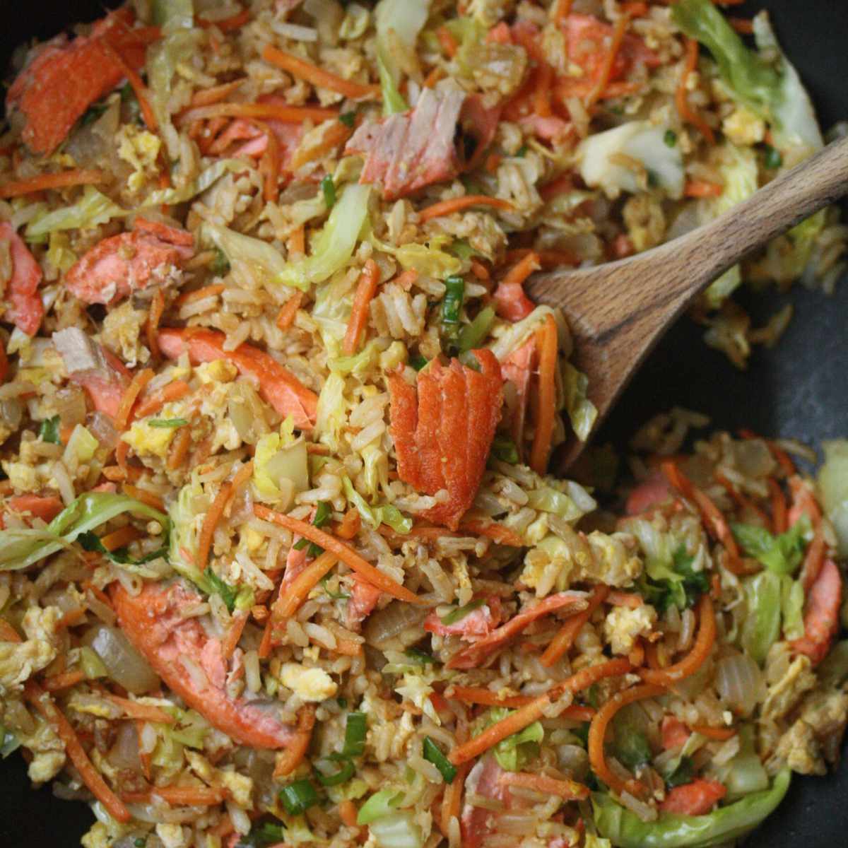 Salmon Fried Rice with Carrots and Cabbage 