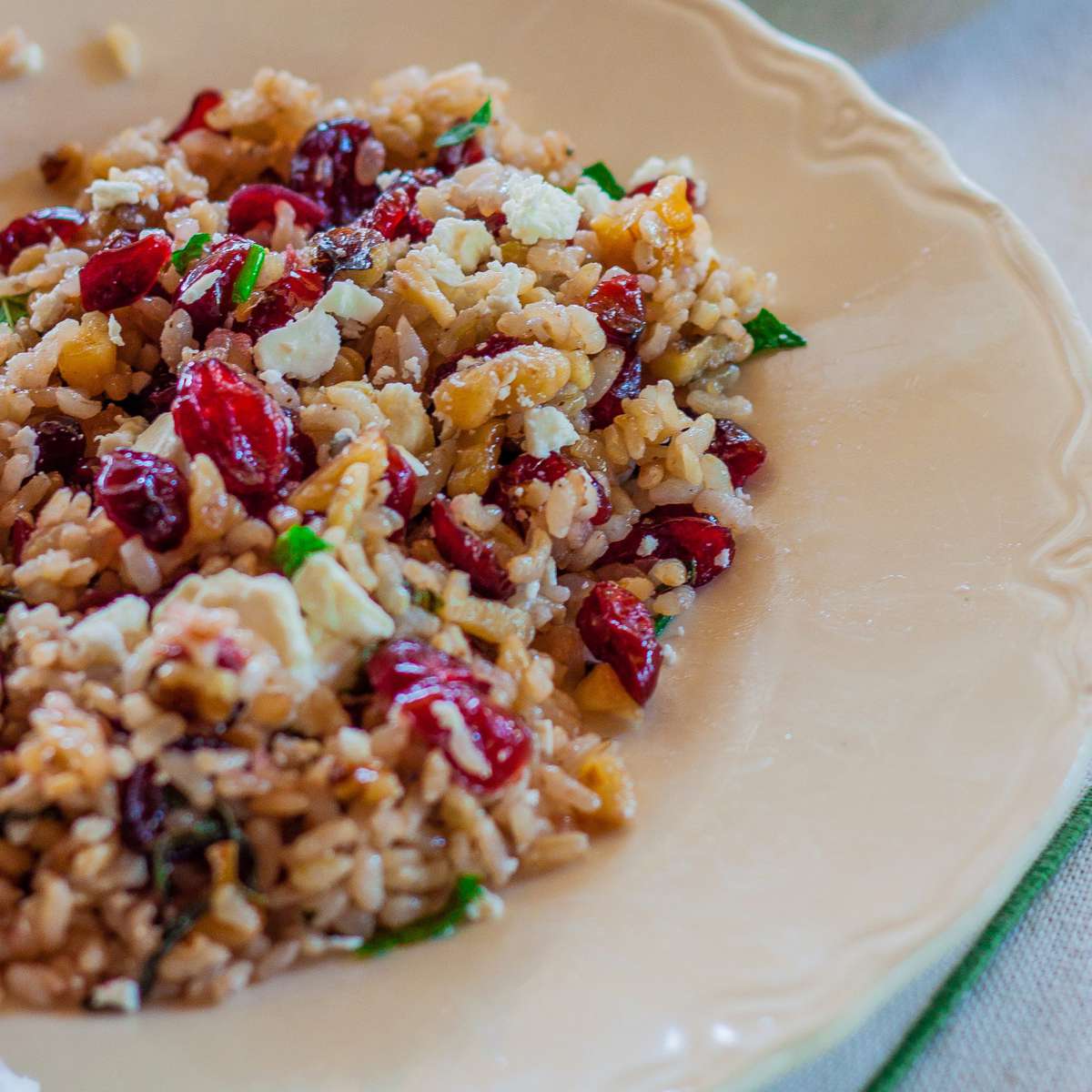 Brown Rice Salad with Cranberries, Walnuts, Mint, and Feta 