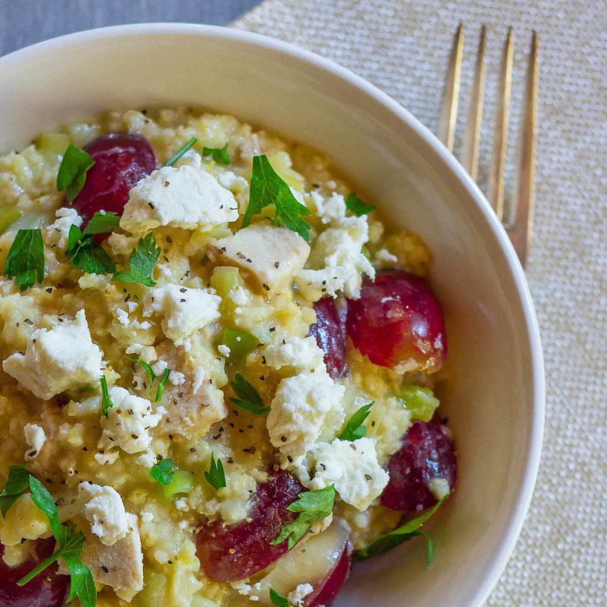 Creamed Millet with Chicken, Leeks, Grapes, and Goat Cheese 