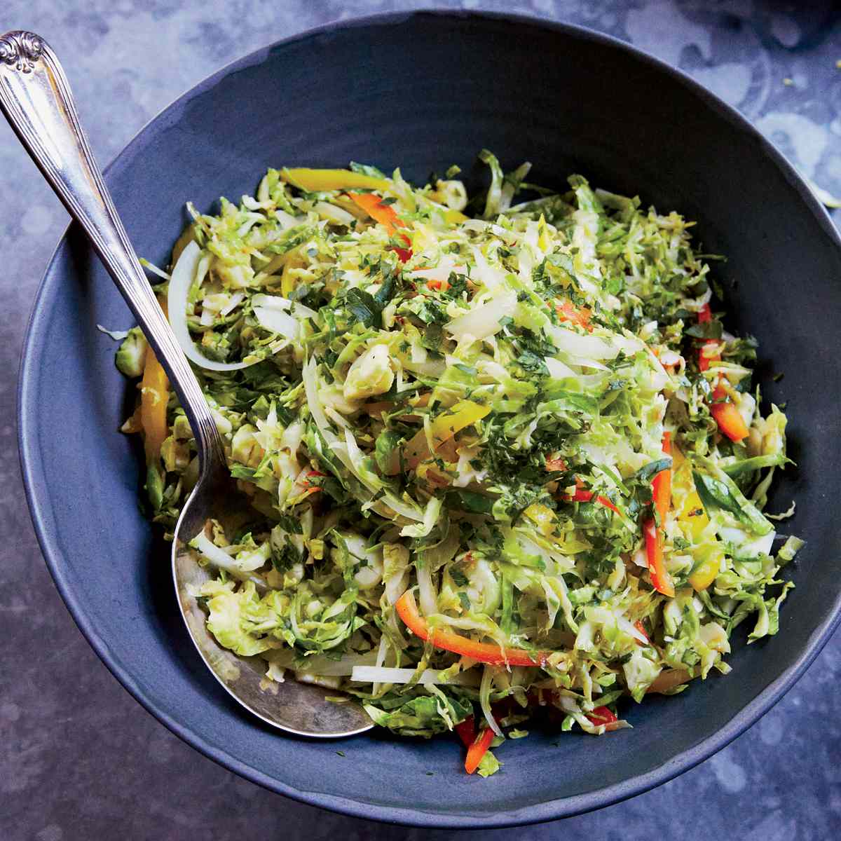 Sautéed Brussels Sprout Slaw with Sweet Peppers