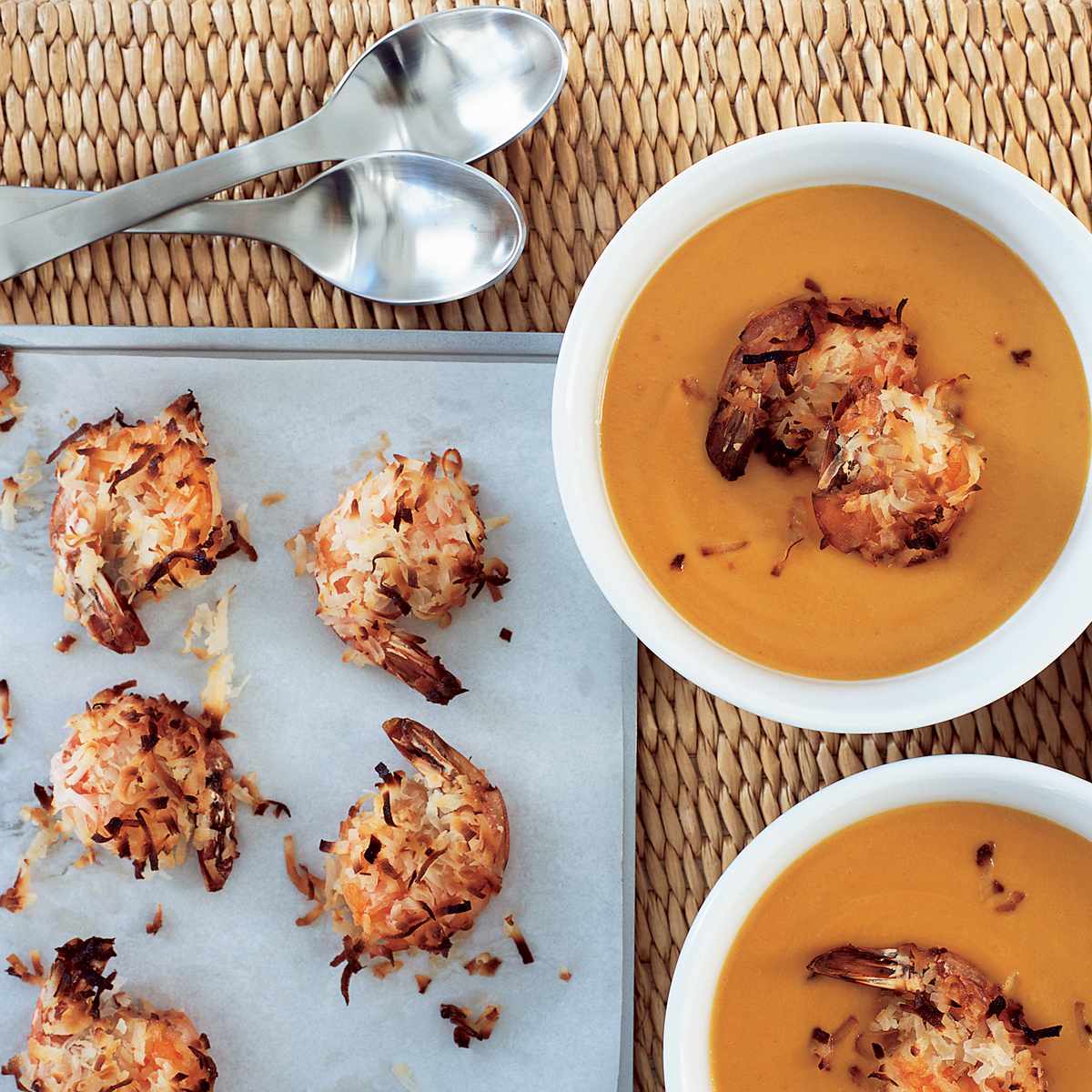 Carrot-Ginger Soup with Coconut-Roasted Shrimp 