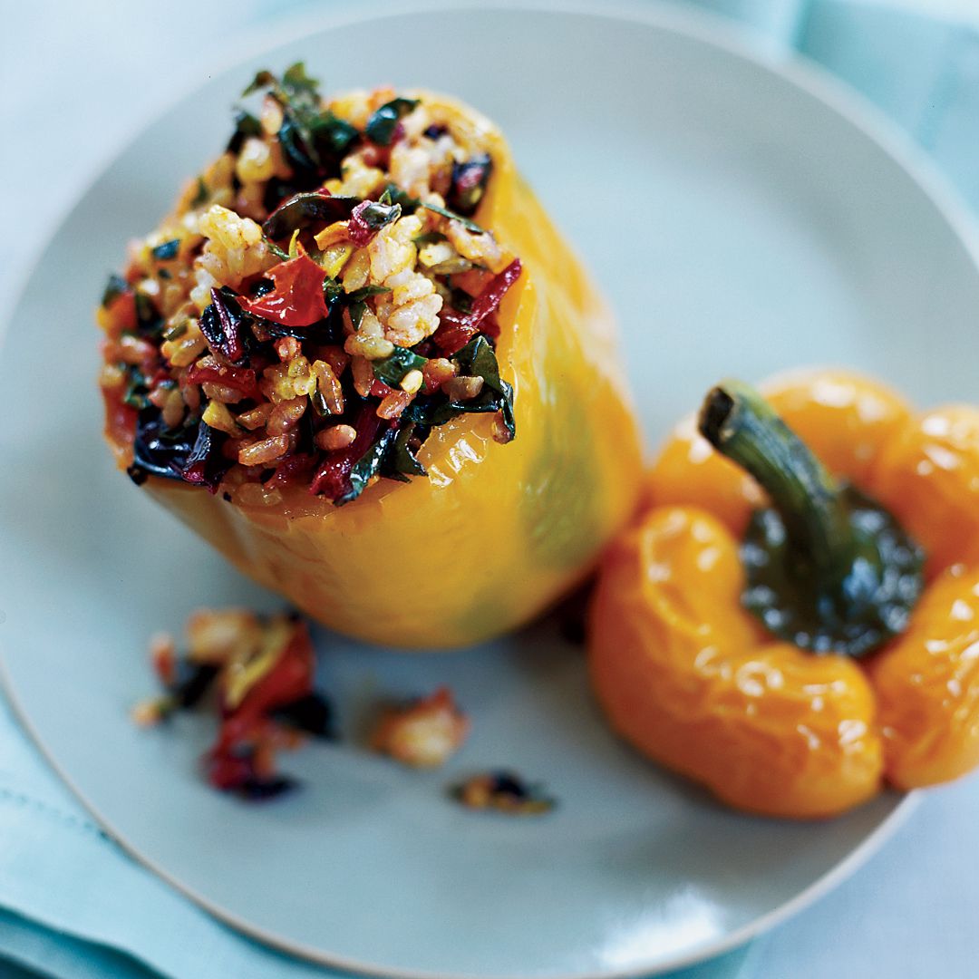 Stuffed Yellow Peppers with Spicy Swiss Chard and Scallion Pilaf 