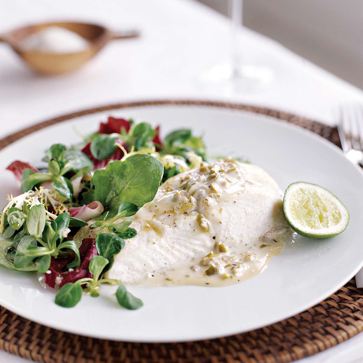 Roasted Halibut with Green Olive Sauce 