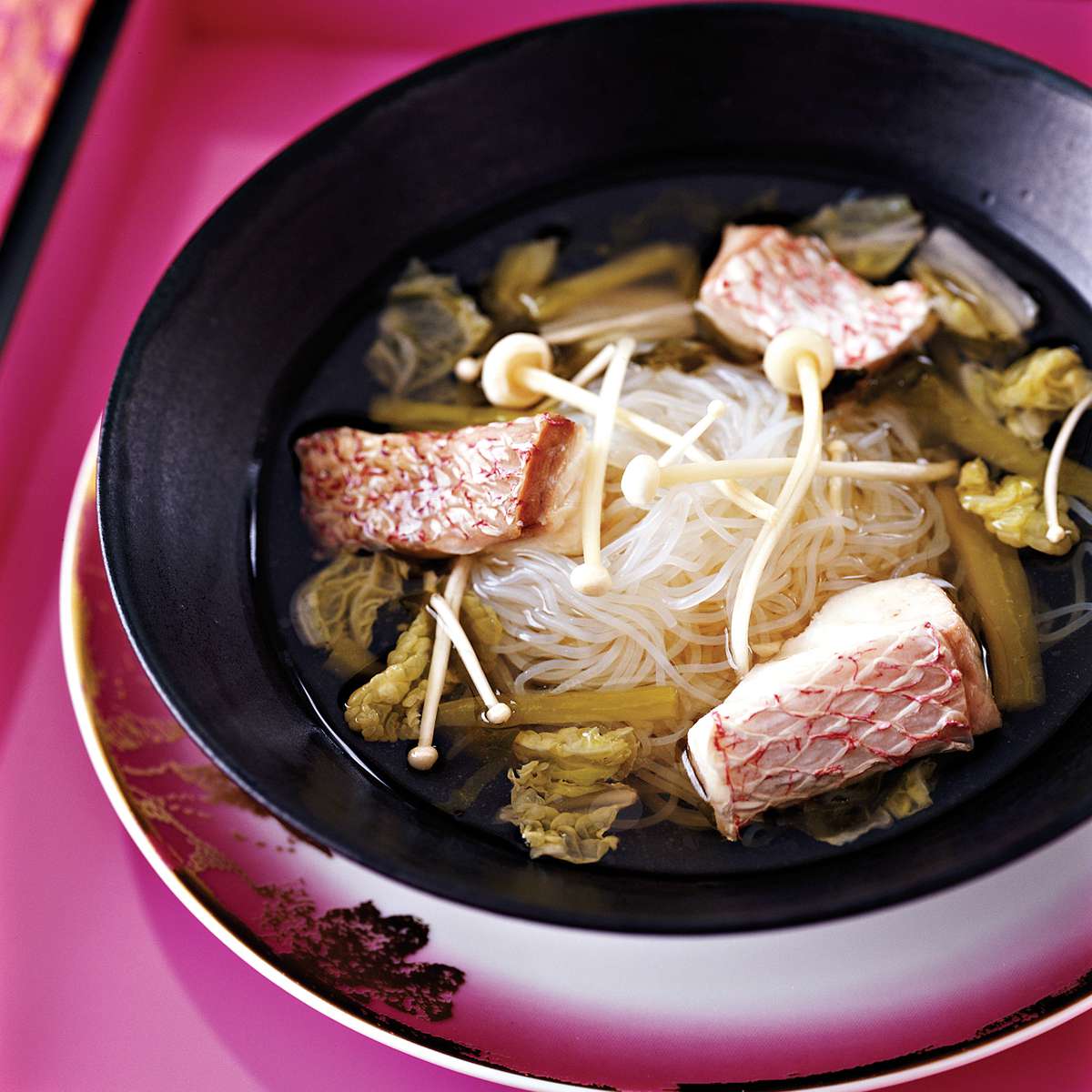 Sour Fish Soup with Napa Cabbage and Enoki Mushrooms 