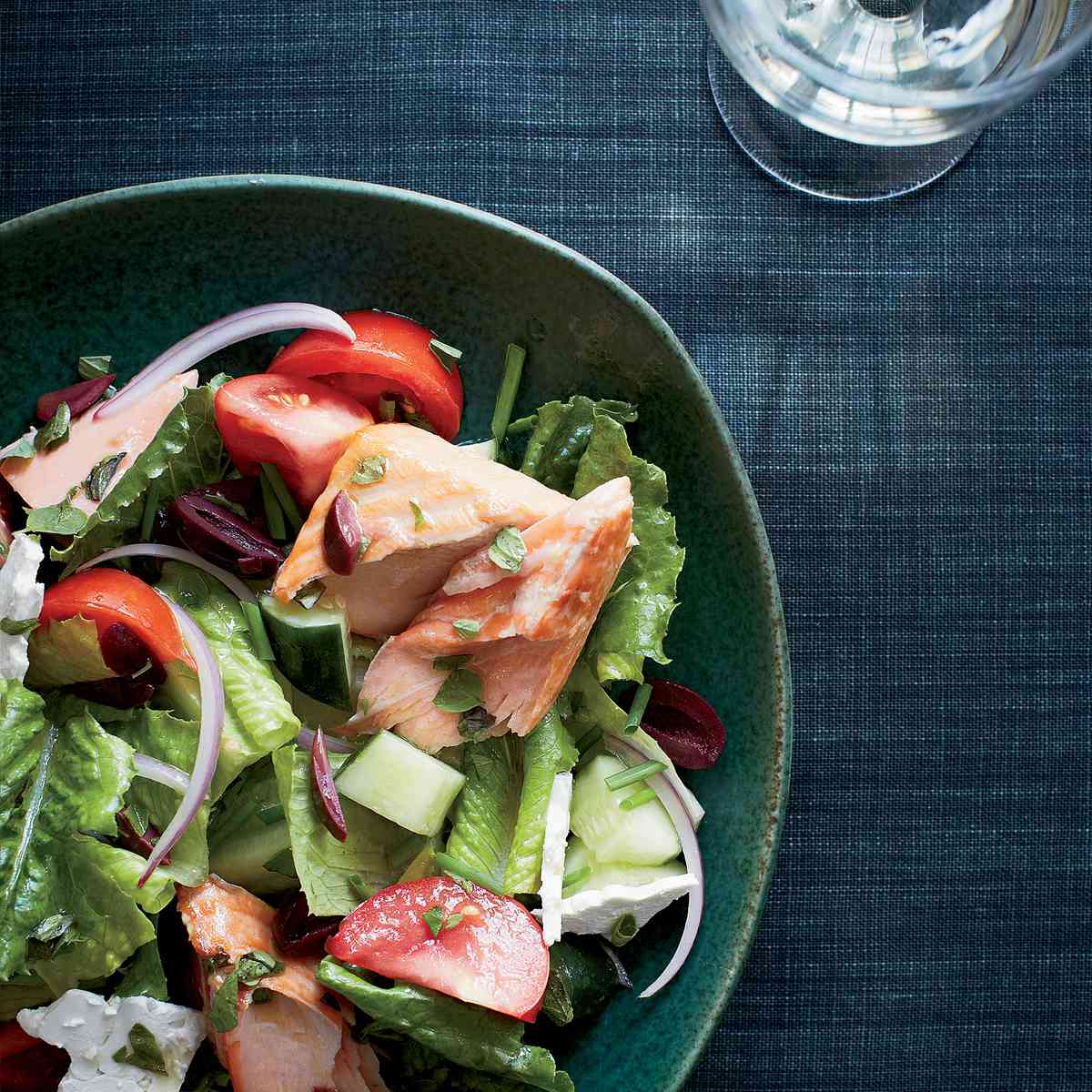 Greek Salad with Oregano-Roasted Salmon 