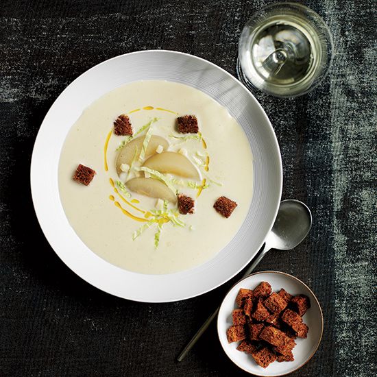Cabbage Velout&eacute; with Poached Pears and Croutons