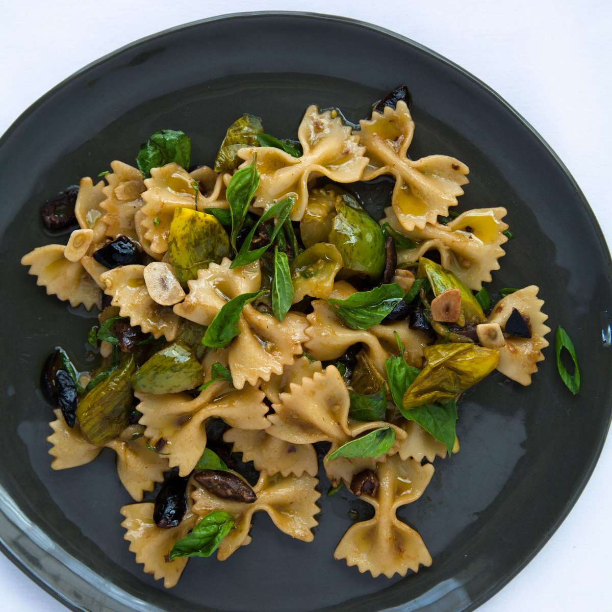 Farfalle with Green Tomatoes, Black Olives and Basil 