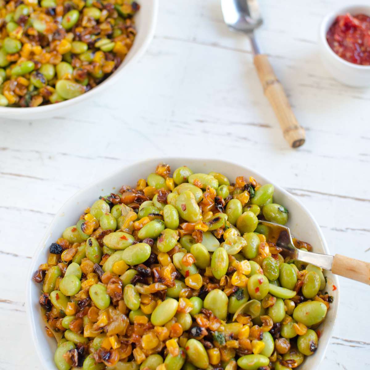 Roasted Corn and Edamame Stir-fry with Chili Cilantro Lime Sauce