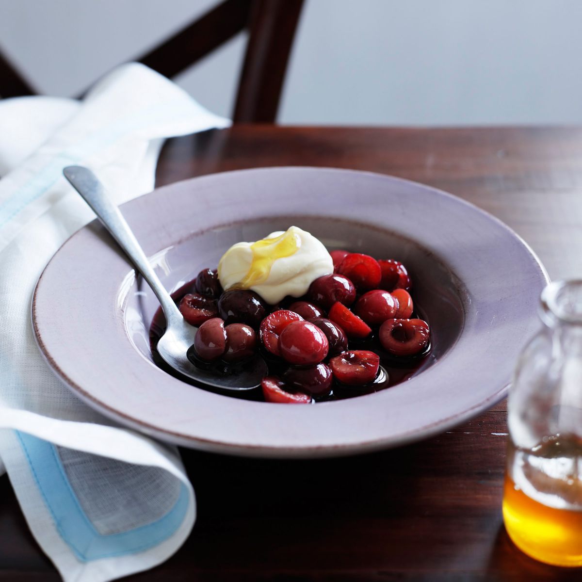 Cherries Poached in Red Wine with Mascarpone Cream 