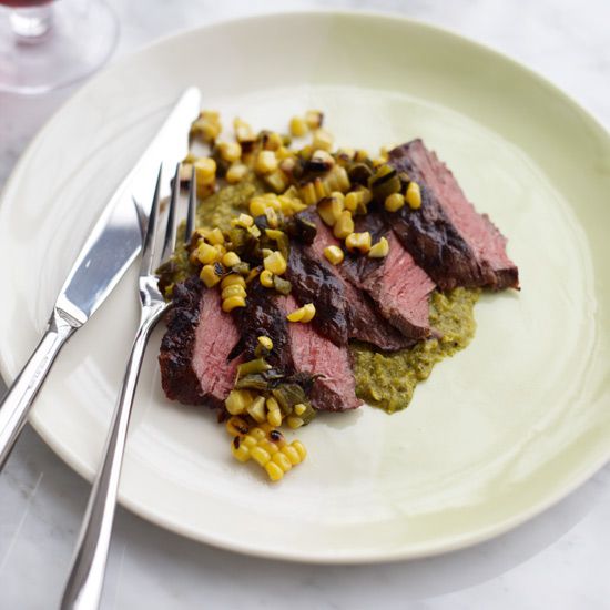 Grilled Skirt Steak with Poblano-Corn Sauce and Salsa
