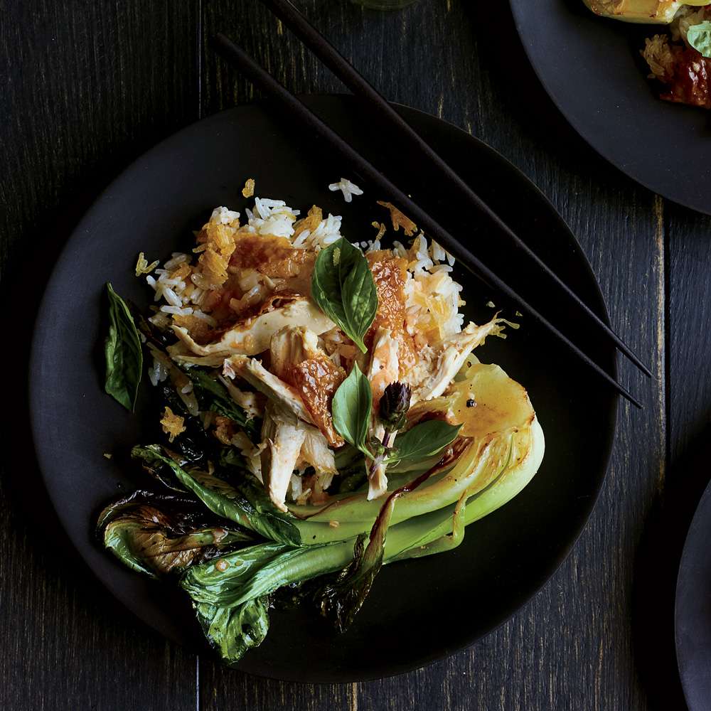 Torn Chicken with Crispy Rice and Kimchi Vinaigrette