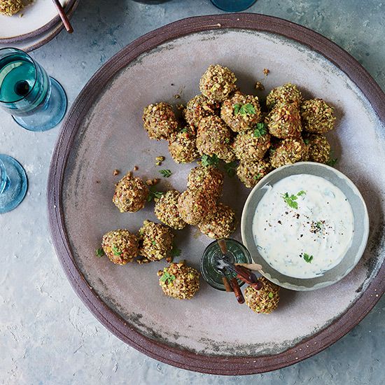 Nut-and-Seed-Crusted Sausage Meatballs with Mustard Sauce