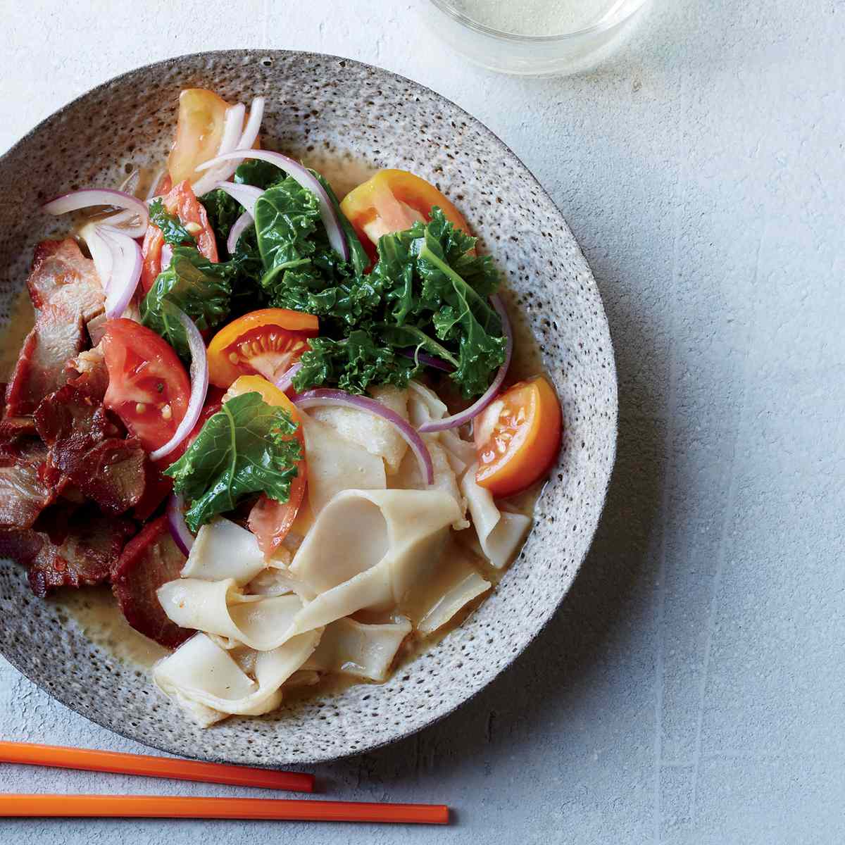 Chow Fun With Roast Pork And Kale Tomato Salad Recipe Sheldon Simeon Food Wine