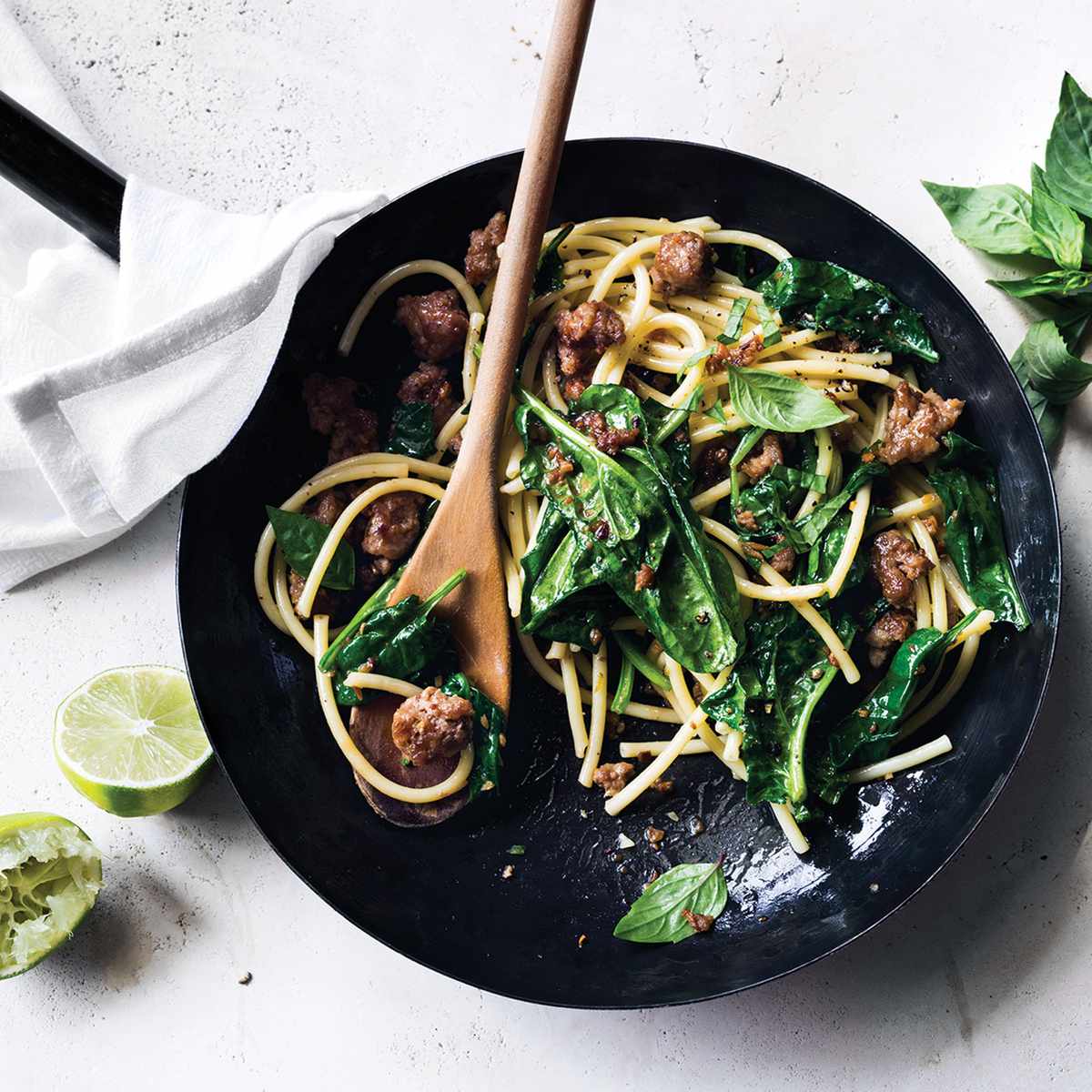 Asian Pork Noodles with Spinach 