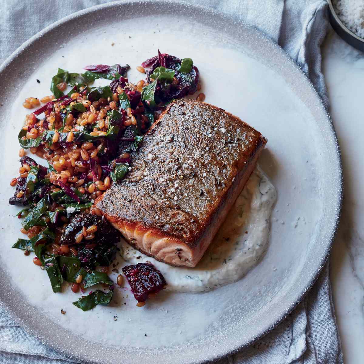 Caraway Salmon with Rye Berry-and-Beet Salad 
