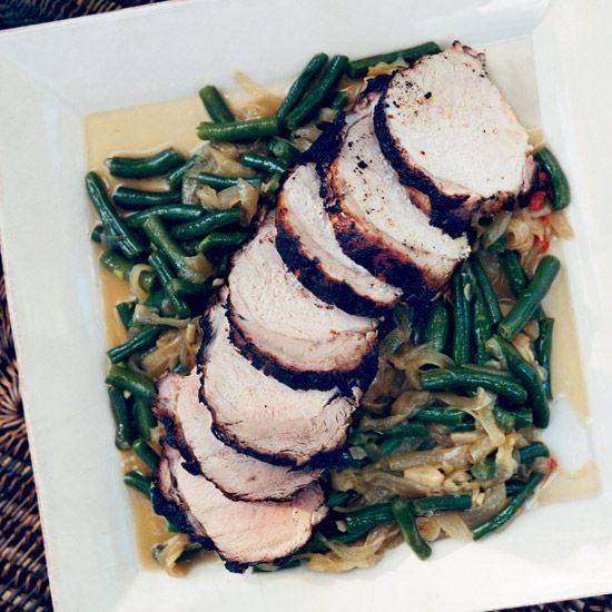 Grilled Pork Rib Roasts with Green Beans and Onions