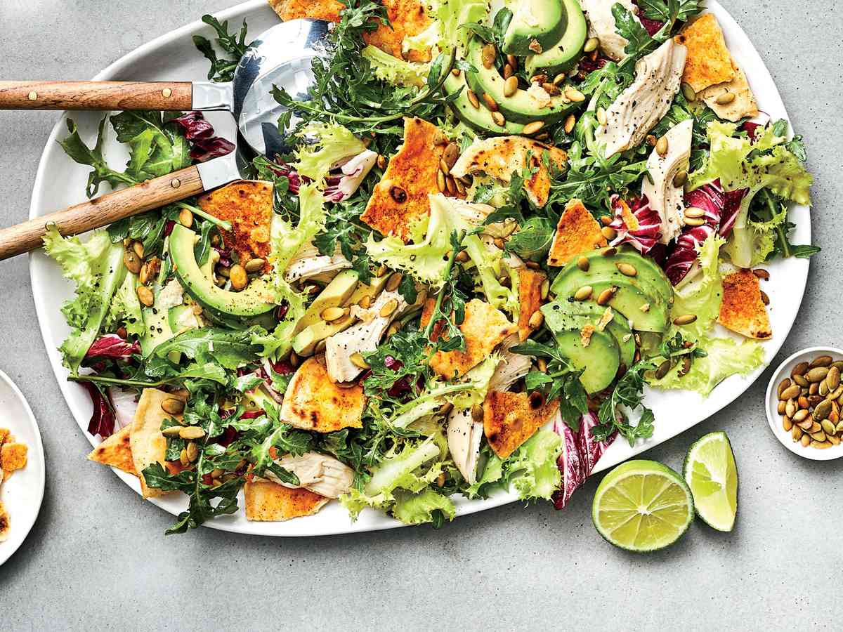 Peppery Greens Salad with Avocado, Chicken and Tortilla Croutons