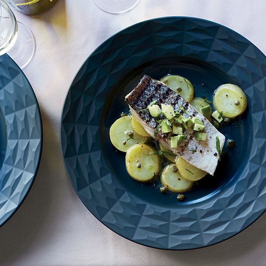Steamed Sea Bass with Potatoes and Avocado-Tarragon Salsa