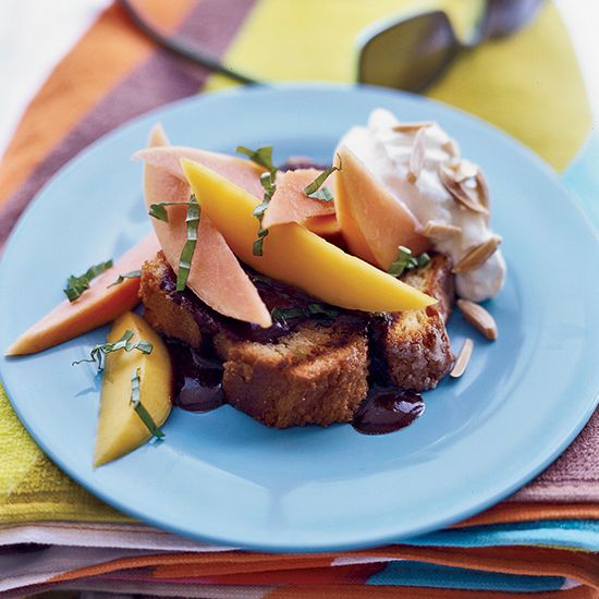 Grilled Pound Cake with Mexican Chocolate Sauce and Tropical Fruit