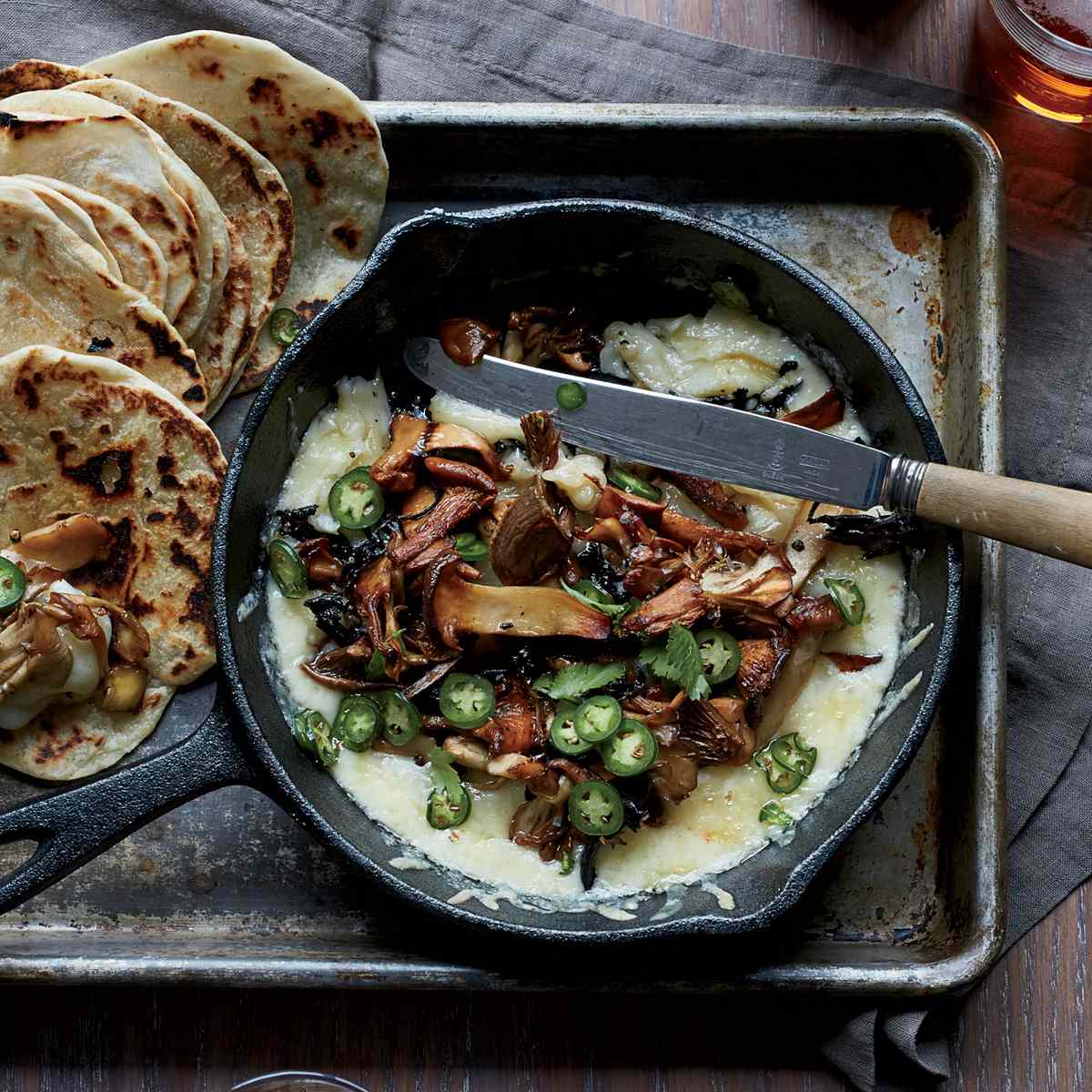 Bacony Tortillas with Melted Cheese and Crispy Mushrooms