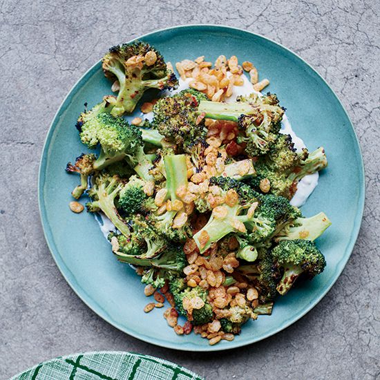 Charred Broccoli with Blue Cheese Dressing and Spiced Crispies