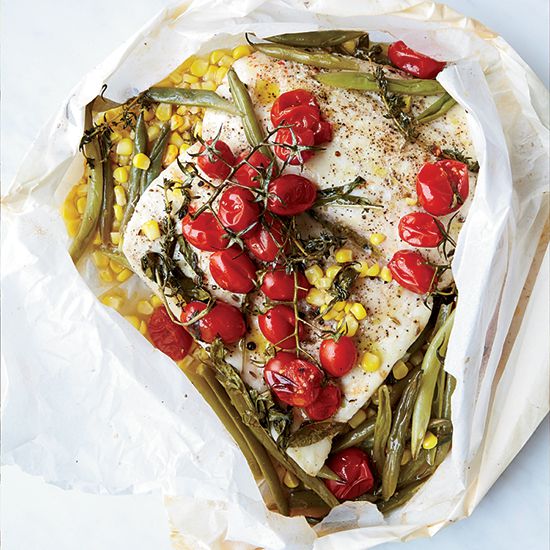 Halibut in Parchment with Corn and Tomatoes
