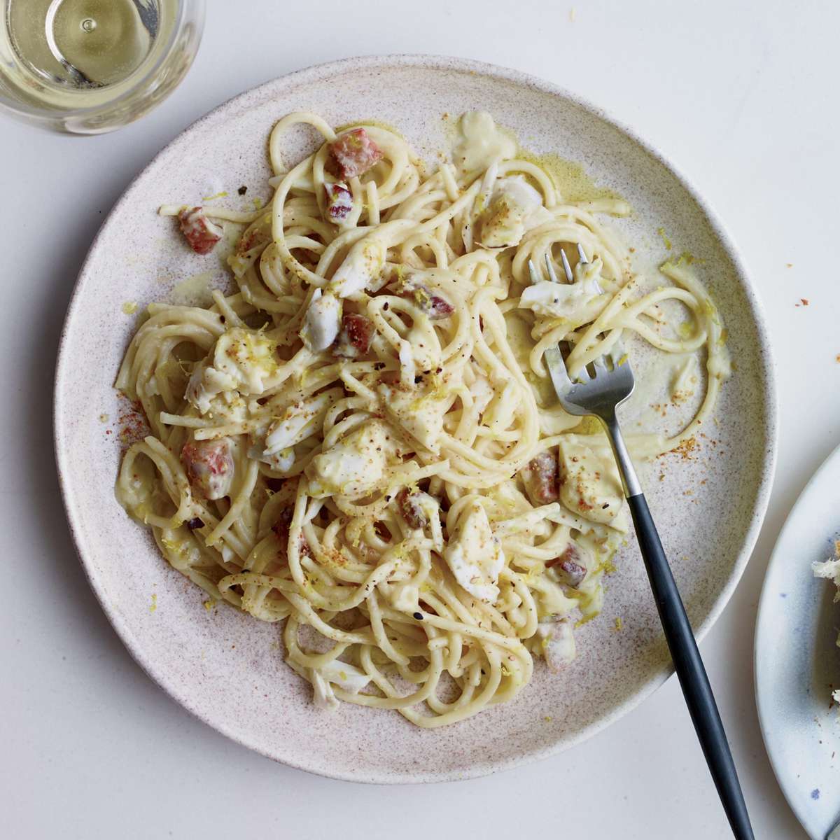 Spaghetti with Corn Carbonara and Crab 