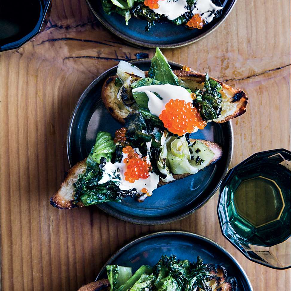 Grilled Escarole Toasts with Trout Roe 