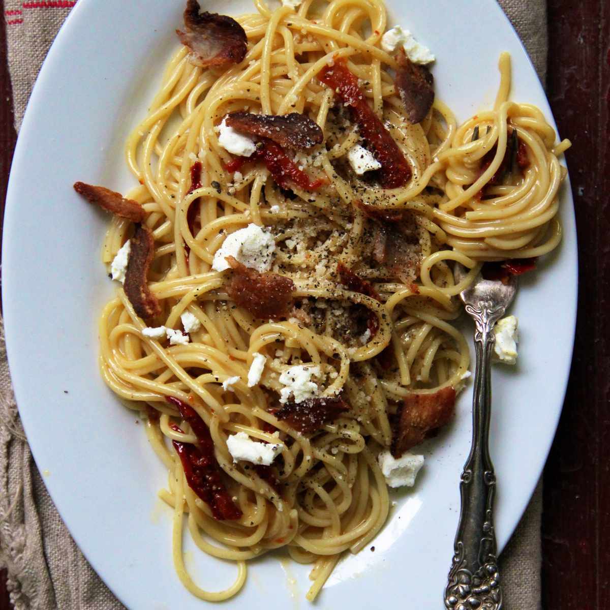 Sun Dried Tomato and Goat Cheese Carbonara 