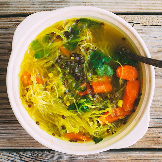 Squash Noodle Soup with Healing Turmeric-Ginger Broth, Roasted Carrots and Beluga Lentils