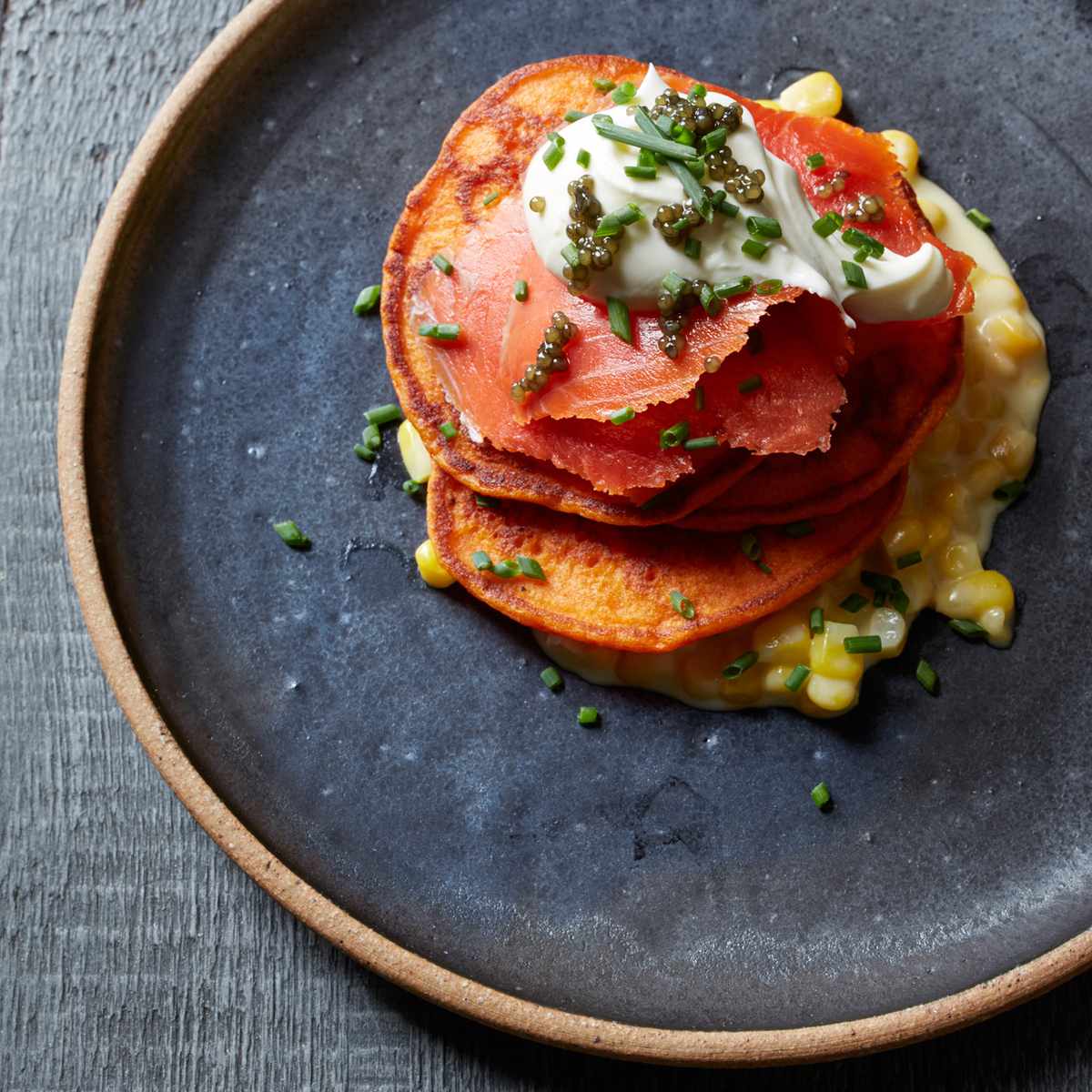 Red Pepper Blini with Creamed Corn and Smoked Salmon 