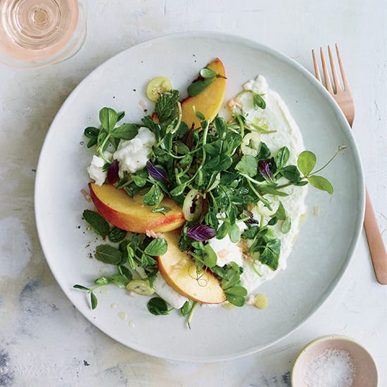 Burrata Salad with Peaches, Pickled Pepper and Pea Tendrils