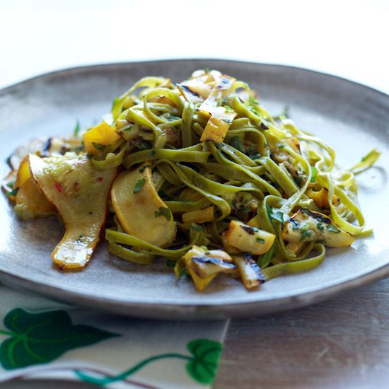 Spinach Fettuccine with Tangy Grilled Summer Squash. Photo &copy; Con Poulos
