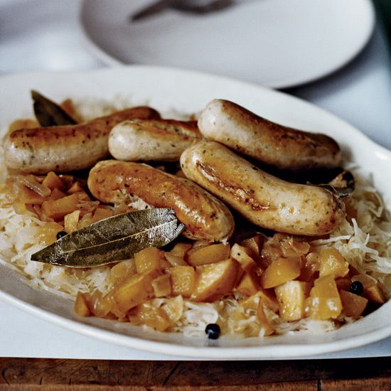 Saut&eacute;ed German Sausages with Bacon and Apple Sauerkra