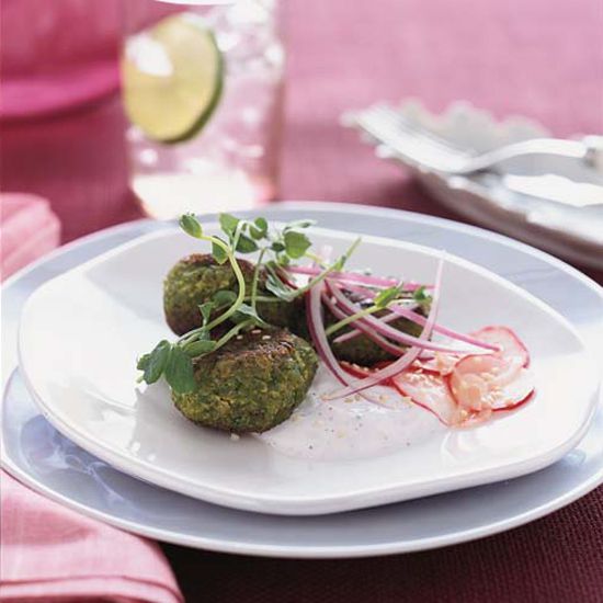 Spring pea falafel with radishes and minted yogurt