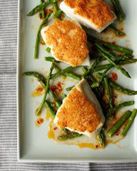 Shrimp Crusted Halibut with Spicy Asparagus Salad