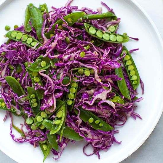 Red Cabbage and Sugar Snap Pea Slaw with Sesame-Ginger Dressing