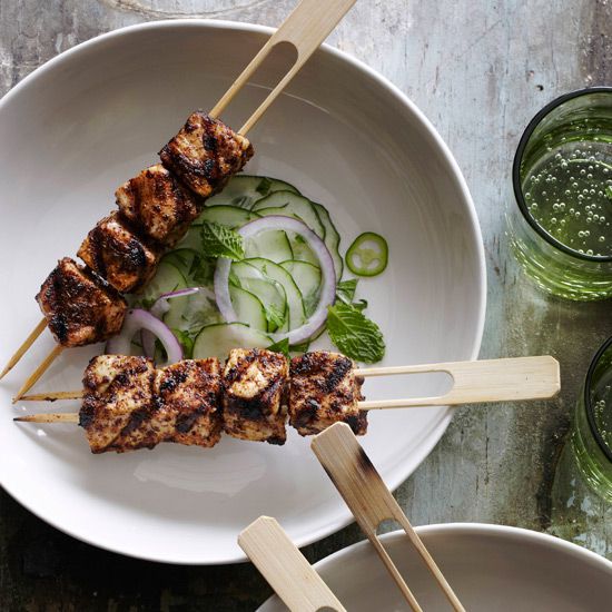 Chile-Rubbed Swordfish Kebabs with Cucumber Salad