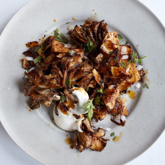 Chilaquiles with Pasilla Salsa & Hen-of-the-Woods Mushrooms