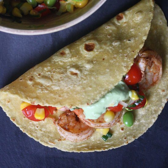 Shrimp Tacos with Edamame Succotash and Avocado Crema