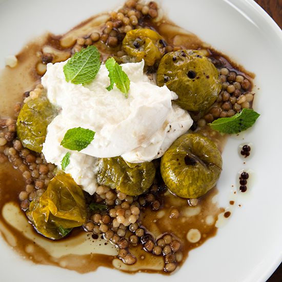 Fregola with Roasted Green Tomatoes, Burrata and Mint