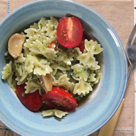 Farfalle with Roasted Garlic Pesto and Cherry Tomatoes