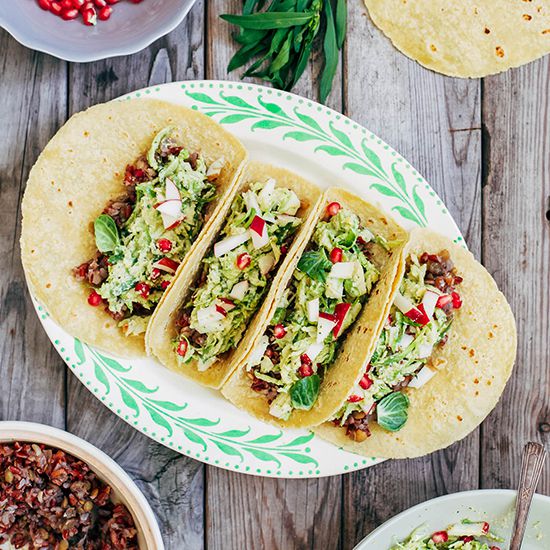 Tacos with Aromatic Red Rice, Brussels Sprout Slaw and Creamy Tarragon-Orange Dressing