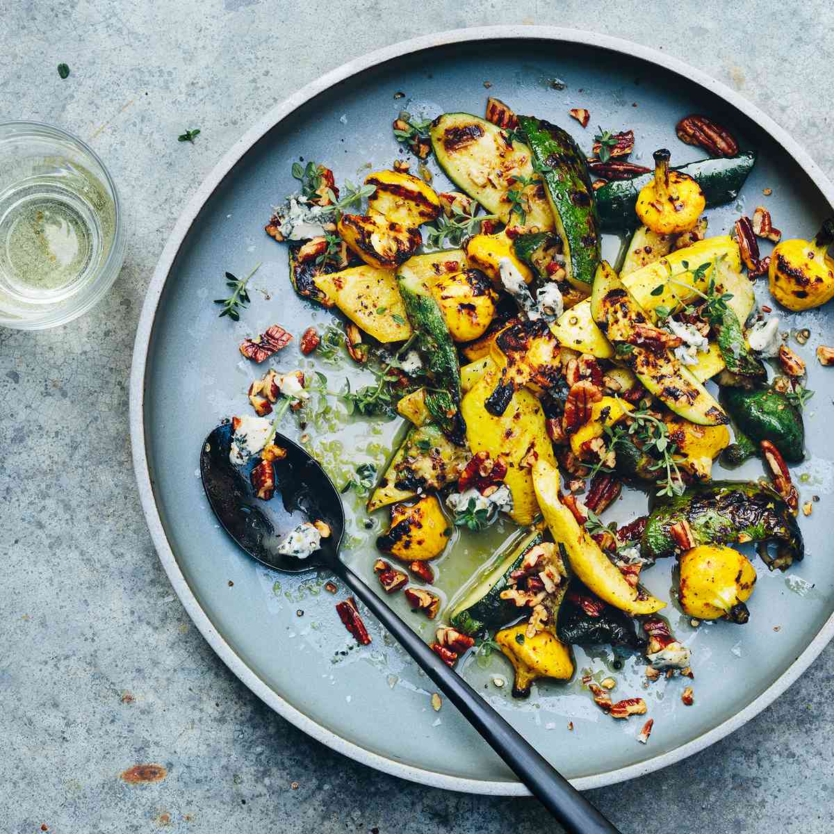 Grilled Summer Squash with Blue Cheese and Pecans 