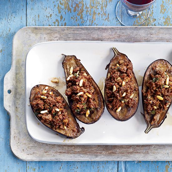 Stuffed Eggplant with Lamb and Pine Nuts