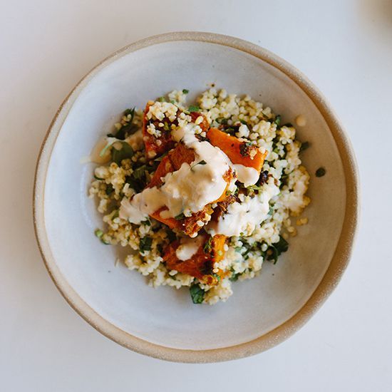 Spice-Roasted Butternut Squash with Herbed Millet and Tahini Dressing