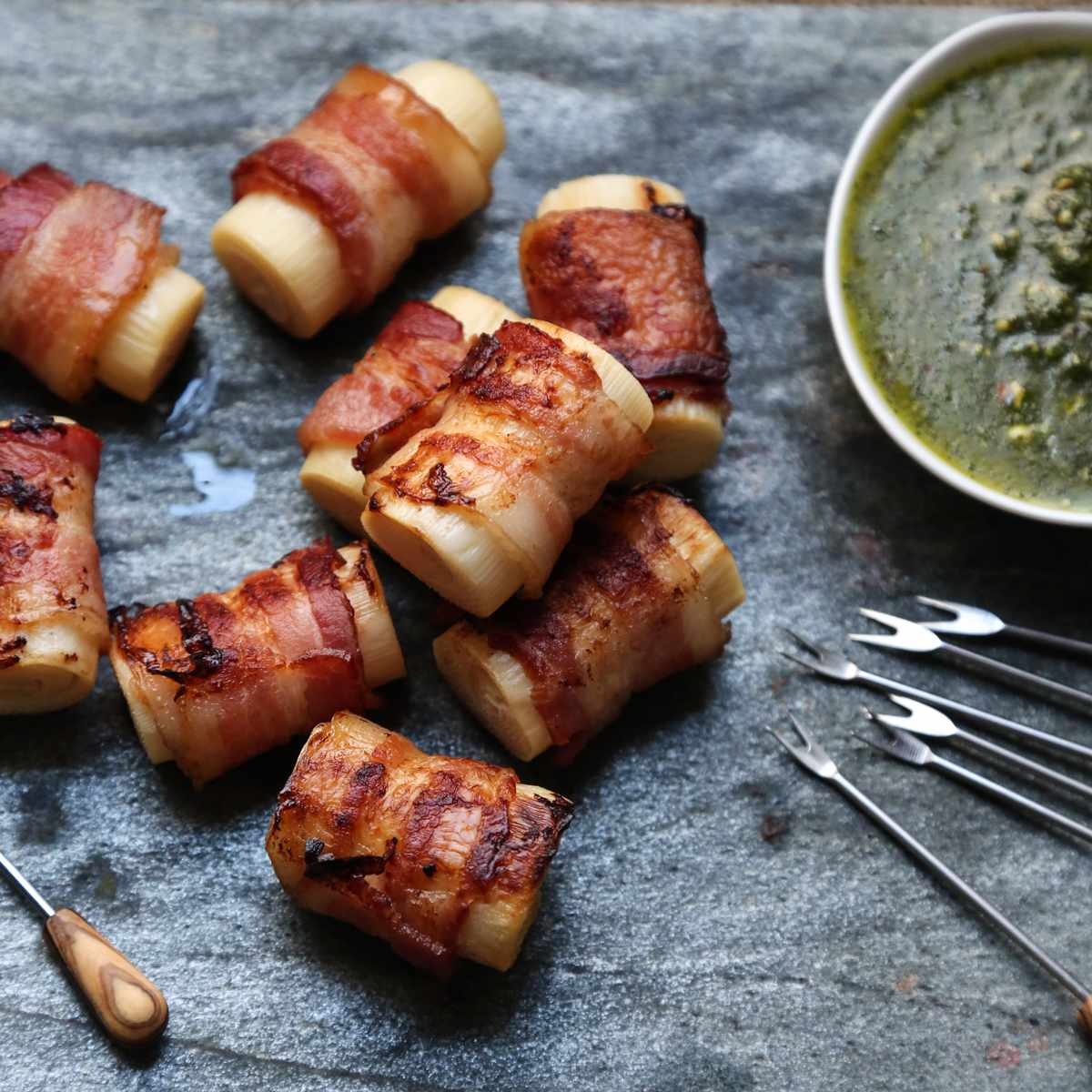 Bacon Wrapped Hearts of Palm with Pesto