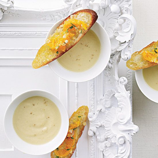 Celery root soup with clementine-relish toasts